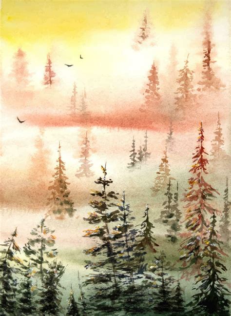 Hand painted watercolor misty forest landscape. Watercolor foggy woods ...