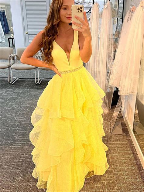 neck layered tulle long prom dresses  belt yellow formal