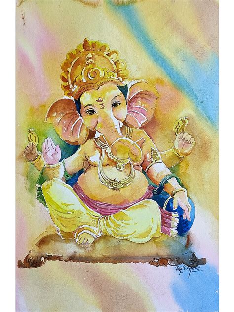 Sitting Chaturbhuja Lord Ganapati | Watercolor Painting by Rajib ...