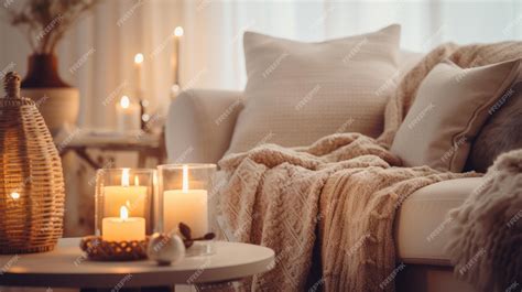premium ai image cozy living room  candles  blankets