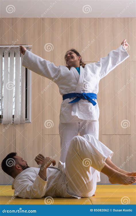 Woman and Man Judo Fighters in Sport Hall Stock Photo - Image of hands ...