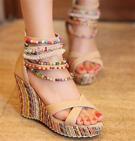 Bohemian Women's Wedge Sandals with Pearl Weave on Platform ...