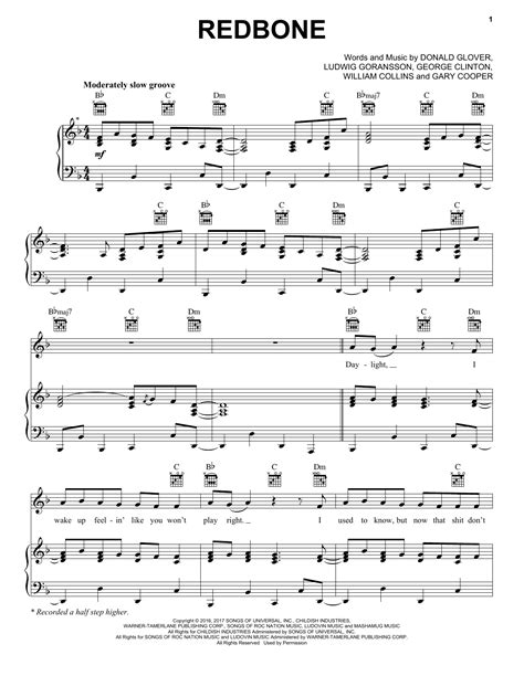 Redbone by Childish Gambino Sheet Music for Piano, Vocal & Guitar