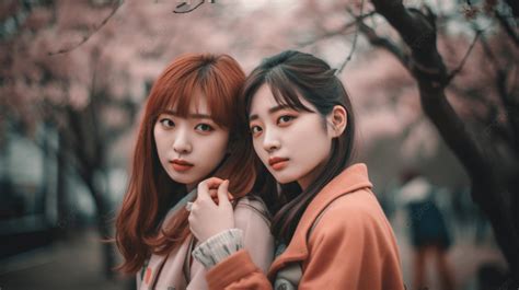 Korean Two Young Women Posing For Photo Background, Best Friend Twoshot ...