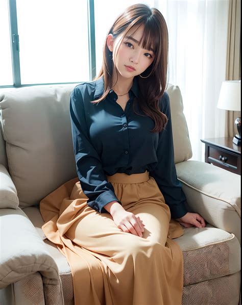 A close up of a woman sitting on a couch in a room - SeaArt AI
