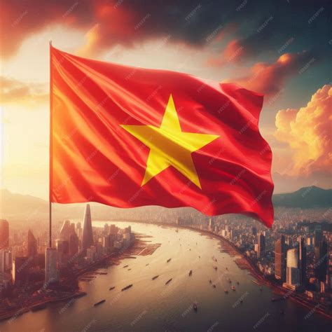 vietnamese flag flying   air focusing   yellow star   red
