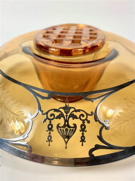 Rare Amber Peach Floral Etched Silver Overlay Flower Centerpiece Vase