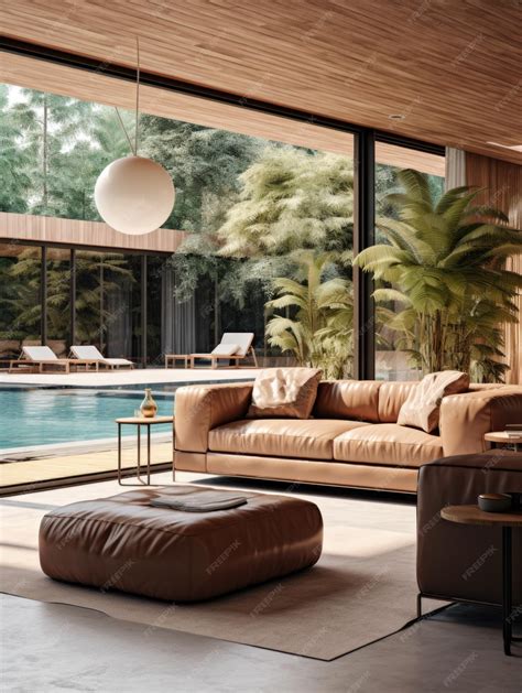 Premium AI Image | Terra cotta leather sofa in minimalist room with