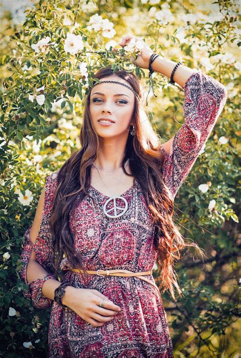 Beautiful young hippie girl containing hippie, hippy, and girl | People