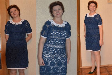 Синее платье крючком, ирландское кружево, платье ручной работы, с белым ...