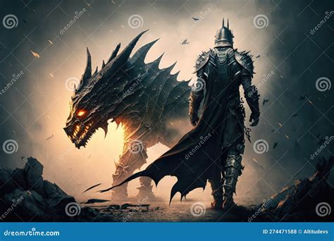 Fantasy Scene with Armored Walking Knight and Flying Dragon Stock ...
