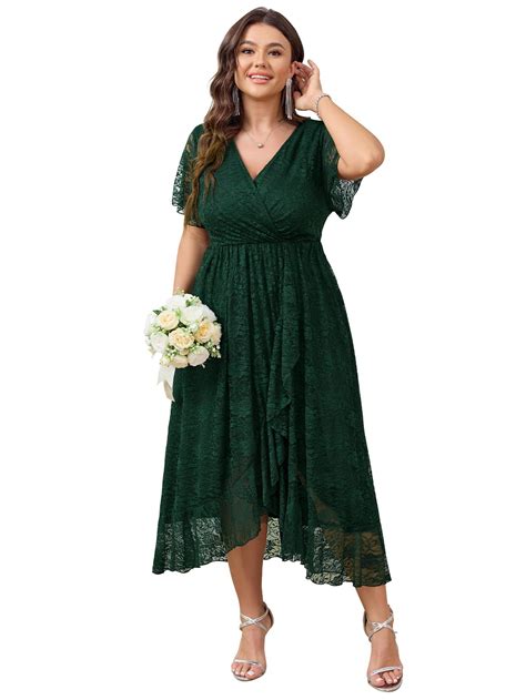 SCOMCHIC Womens Plus Size Wedding Guest Dress Formal Lace Wrap V Neck