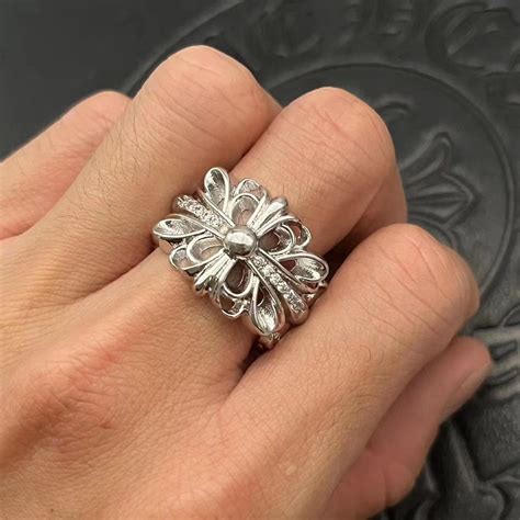 CHROME HEARTS แหวนเงิน เกรด 925 ประดับเพชร รูปดอกไม้ สีทอง และสีขาว 338 ...