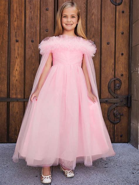 tween girl  shoulder lotus leaf trim mesh dress  accessories