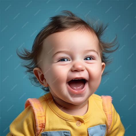 premium photo portrait   happy baby laughing   blue background