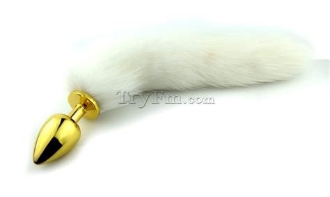 White fox tail with stainless steel gold plug - TRYFM.COM