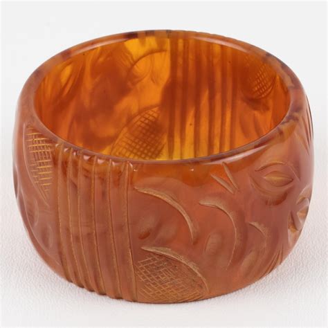 Bakelite Oversized Carved Bracelet Bangle Milky Amber Marble For Sale