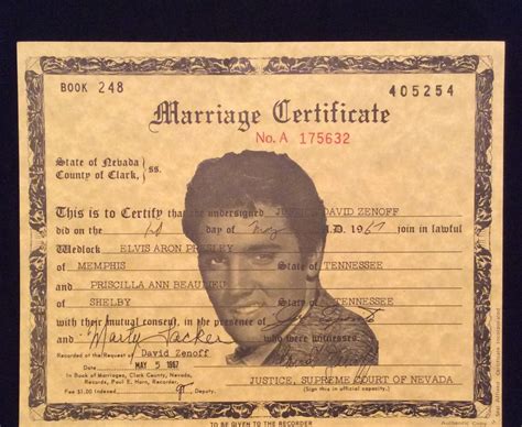 Elvis Presley Marriage Certificate (Authentic Copy) from May 5, 1967. 7 ...