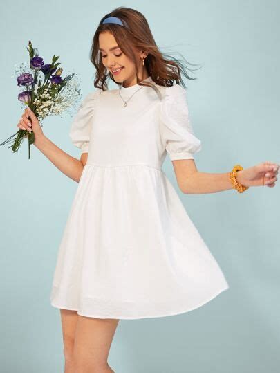 puff sleeve shirred panel schiffy dress shein usa dress womens