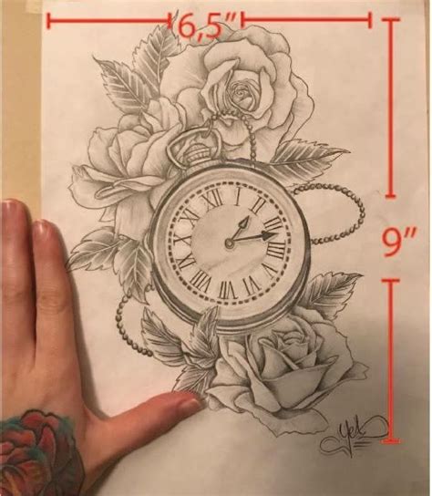 a drawing of a clock with roses on it