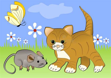 Мышь котенка наблюдая на зеленом зацветая луге Желтая бабочка летая над ...