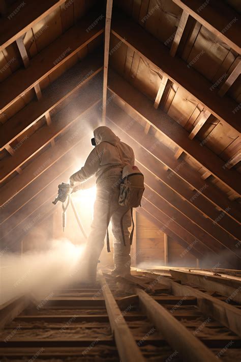 Premium Photo | Man spraying foam insulation to insulate attic