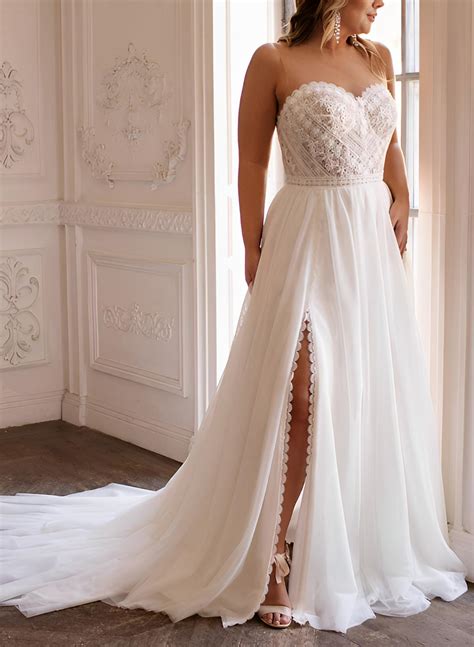 Plus Size Sweetheart Short Sleeves Sweep Train Chiffon/Lace Wedding