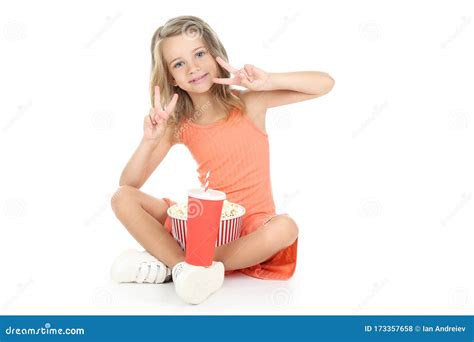 Young Girl With Popcorn In Bucket Stock Photo - Image of drink, cute ...