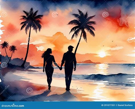 Couple on the Beach at Sunset Watercolor Painting. Generative AI Stock ...