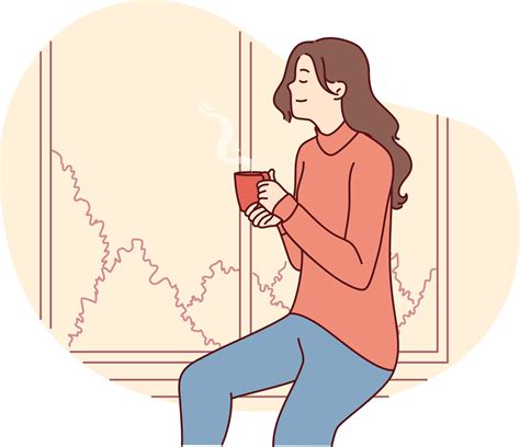 Positive girl dreaming and watching landscape through window with cup ...