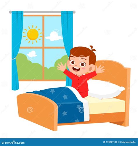 Happy Cute Little Kid Boy Wake Up in the Morning Stock Vector