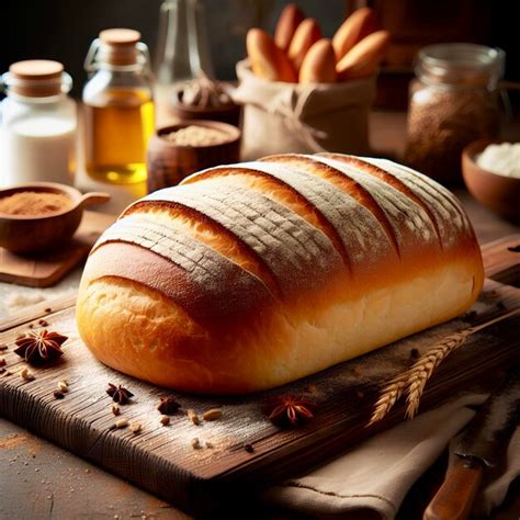 premium photo freshly baked loaf  bread   wooden board