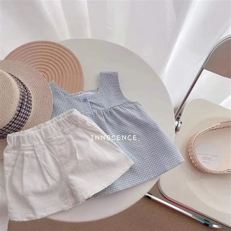 summer kids girls clothes sets casual girls checked straps