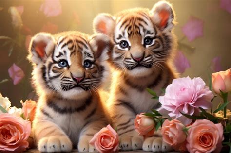 Premium Photo | Adorable tigers posing with flowers