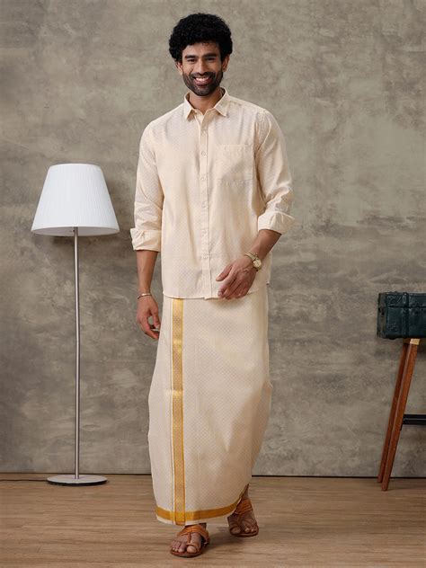 men gold tissue jacquard full sleeves shirt  matching dhoti set gd