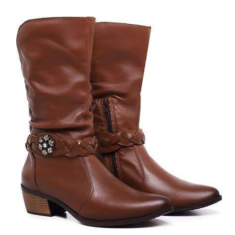 Bota Western Feminina Cano Médio - Bota Feminina Western Cano médio em Couro Legítimo Enrrugada Com ...