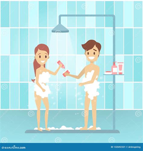 Young Man and Woman Take Shower in the Bathroom Stock Vector