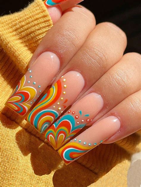 Get Glamorous with 24pcs Long Coffin Colored Flowers Pattern Fake Nail
