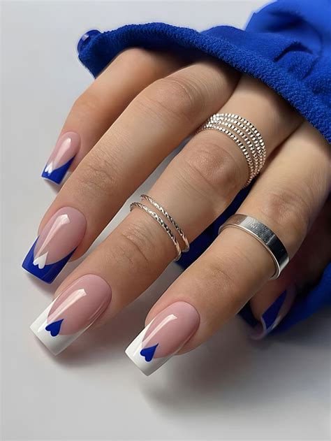 24 unhas postiças quadradas curtas com design simples, azul, francês e ...