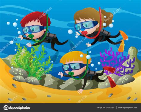 Three kids scuba diving under the sea — Stock Vector © brgfx #134583104