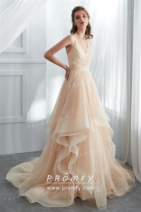 Ruffled Champagne Glitter Tulle Modern Wedding Dress - Promfy
