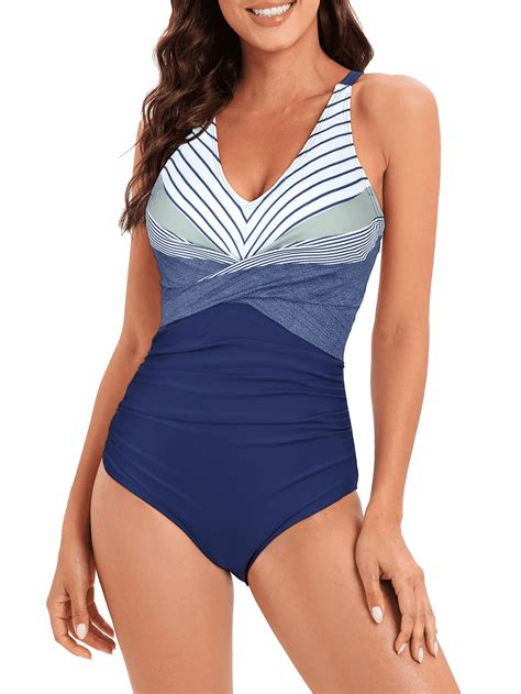 Zando Control L Women's One Piece Navy Blue White V Neck Long Torso