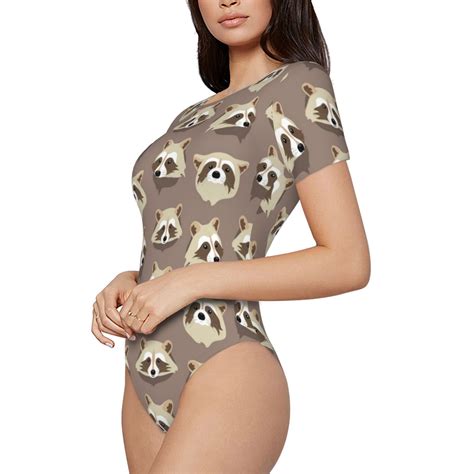 Goofa Raccoon Printed Women Rash Guard Short Sleeve,Tummy control