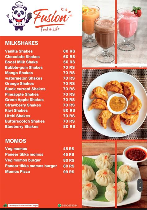 Menu at Fusion Cafe, Chennai