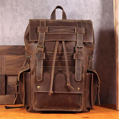 drawstring leather backpack  travel  work  real