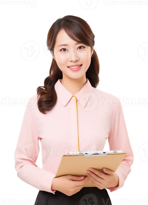 Female Asian Teacher Holding Clipboard Isolated on Transparent