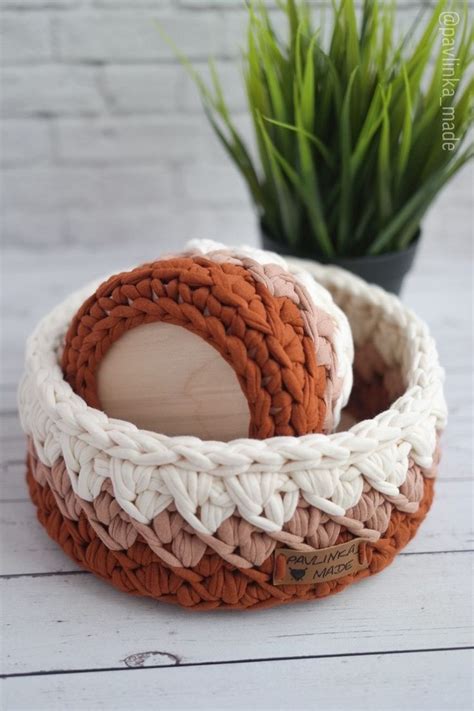 корзина из трикотажной пряжи, деревянное дно, вязание крючком, вязание ...
