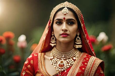 Premium AI Image | A woman in a red sari with a red sari and gold necklace