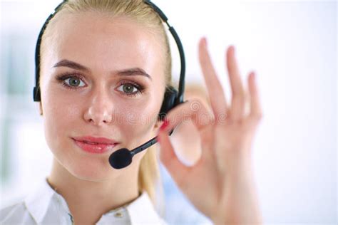 smiling customer service girl showing  isolated stock photo image