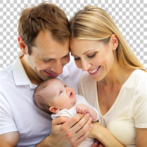 Happy parents father and mother holding newborn on transparent
